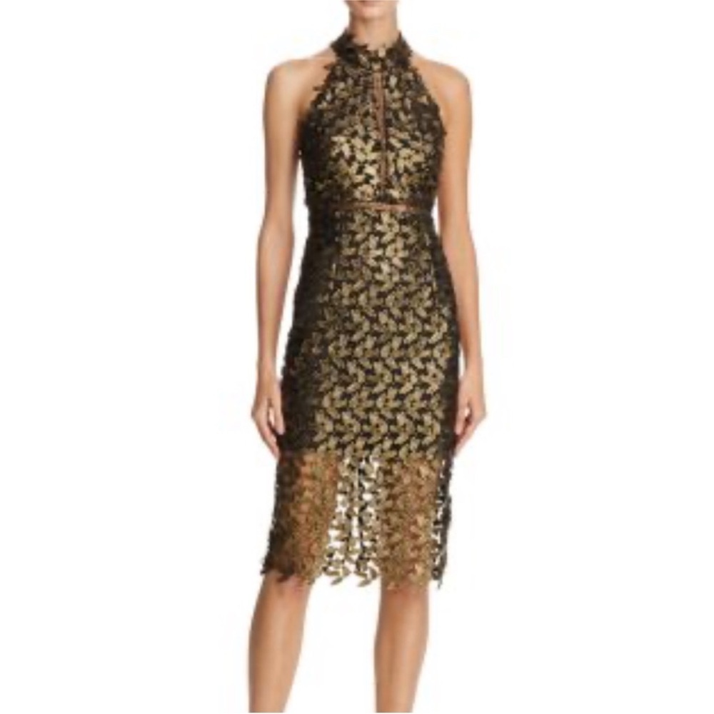 Bardot Gold Leaf Gemma Halter Lace Sheath dress